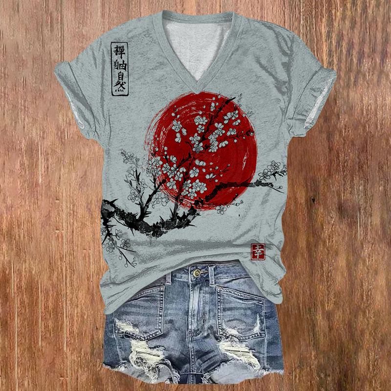 Dashingsoul Women's Sunrise Japanese Art Print Casual V-neck T-shirt