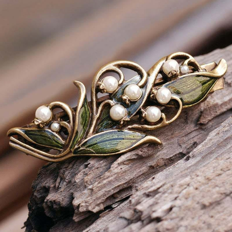 Women's Elegant Enamel Green Leaf Pearl Hollow Hairpin