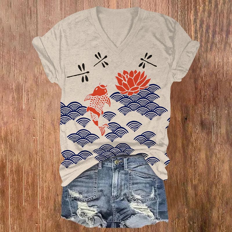 (Limited offer)Dashingsoul Japanese Style Koi Fish Dragonfly Wave Art Print V-neck T-shirt