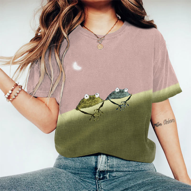 Dashingsoul Simple Frog Color Block Print Short Sleeve Crew Neck T-shirt