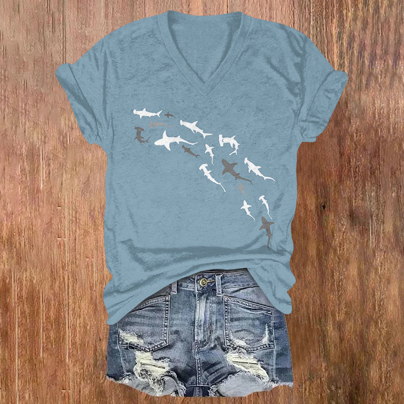 Dashingsoul Shark Print Casual V-neck Short-sleeved T-shirt