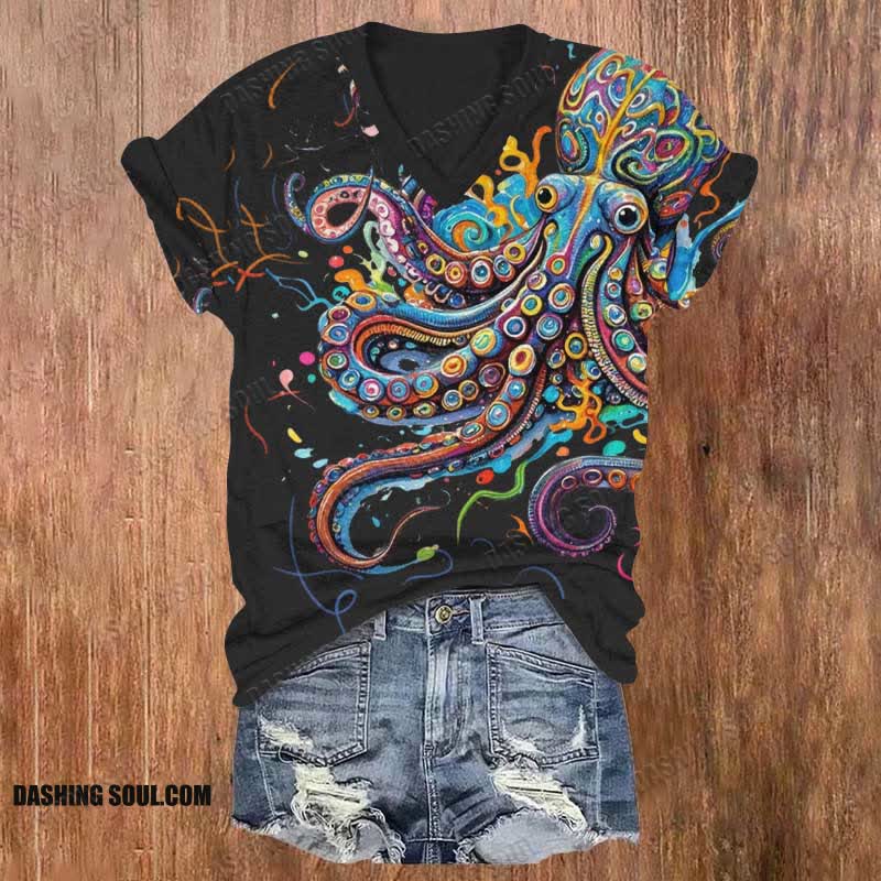 (đŸ”¥Limited offer)Vintage Rainbow Octopus Art Print V-neck T-shirt