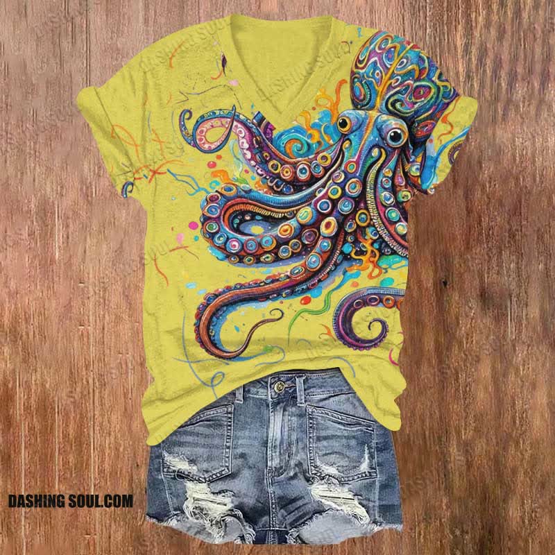 (đŸ”¥Limited offer)Vintage Rainbow Octopus Art Print V-neck T-shirt