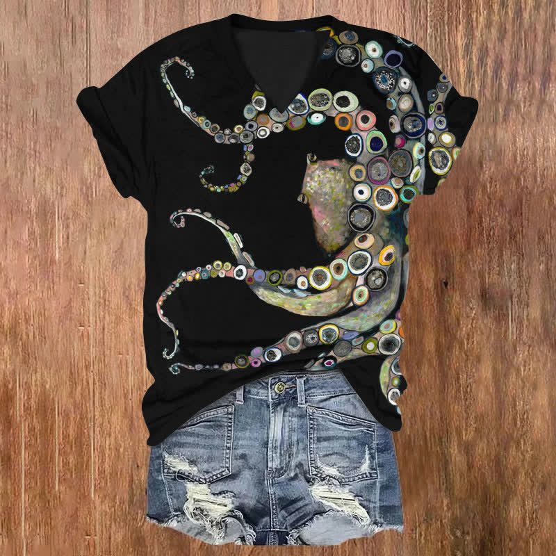 Dashingsoul Colorful Octopus Oil Painting Print V-neck T-shirt
