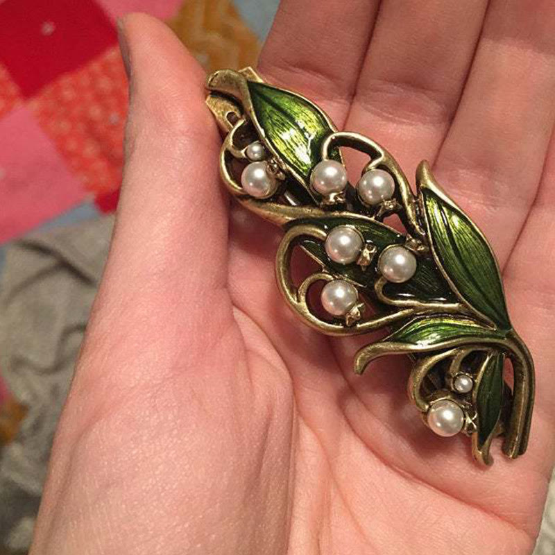 Women's Elegant Enamel Green Leaf Pearl Hollow Hairpin