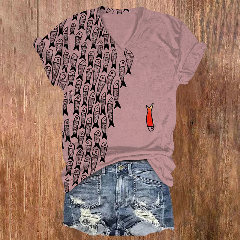 Dashingsoul Cute Simple Lines Abstract Geometric Fish Art Print V-neck T-shirt
