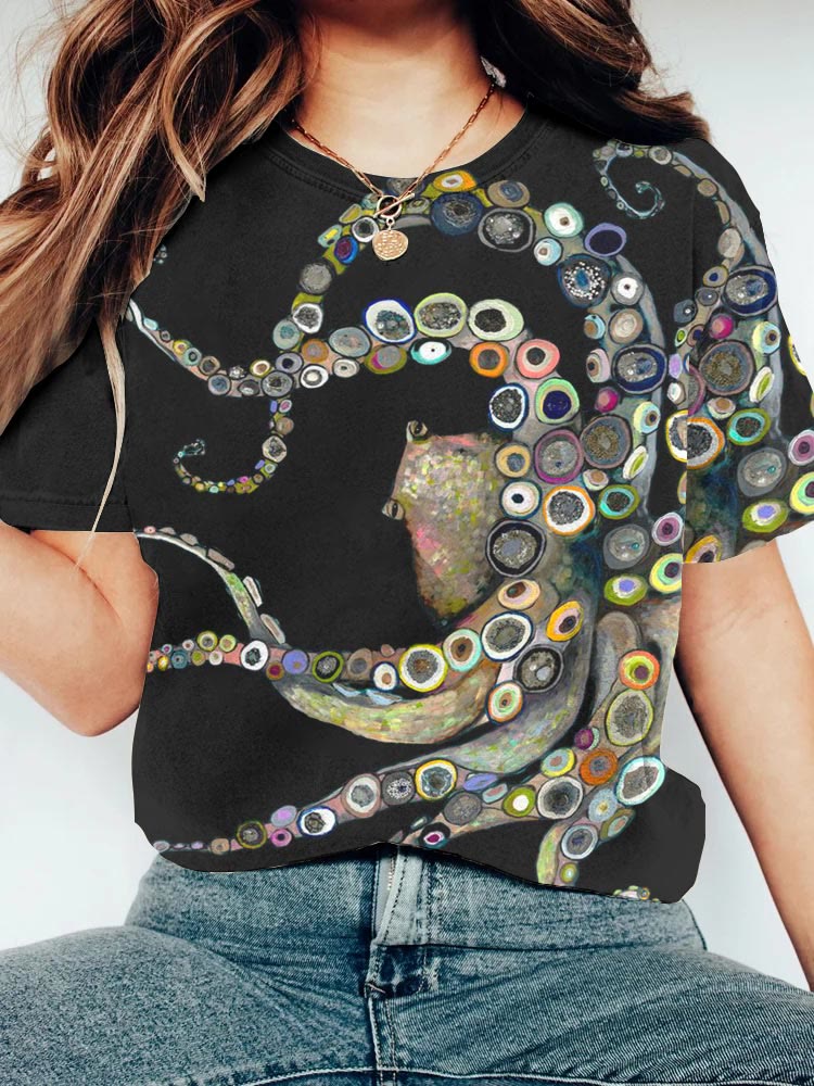 Dashingsoul Colorful Octopus Oil Painting Print T-shirt