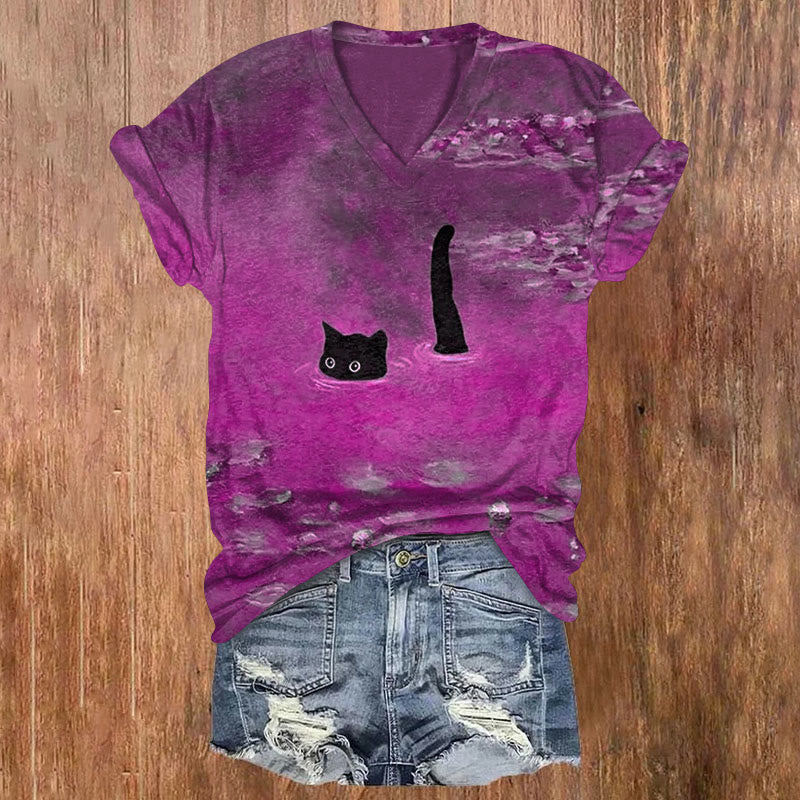 Dashingsoul Women's Oil Painting Cat Print V-neck T-shirt