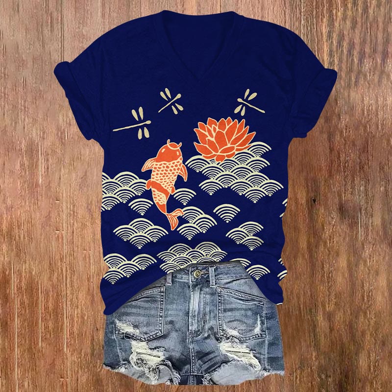 (Limited offer)Dashingsoul Japanese Style Koi Fish Dragonfly Wave Art Print V-neck T-shirt
