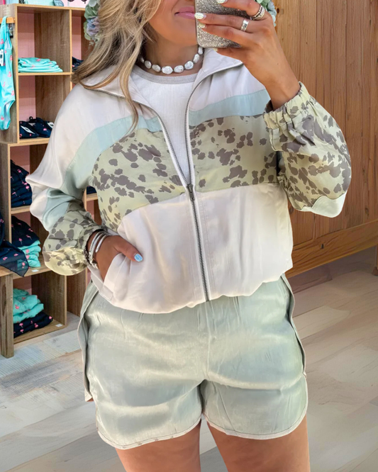 Leopard Colorblock Zip-Up Jacket
