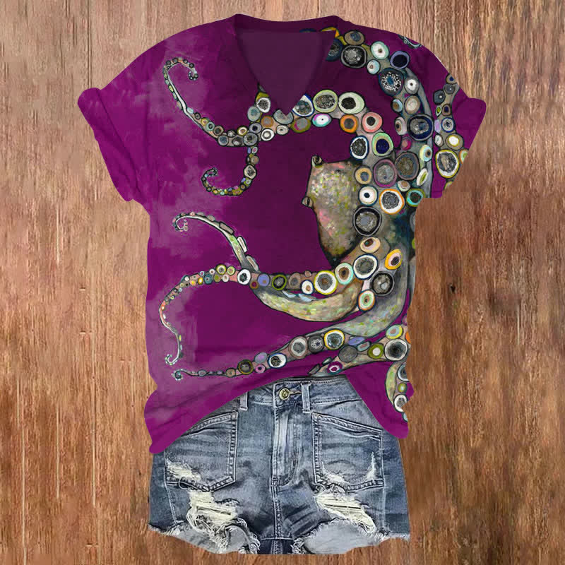 Dashingsoul Colorful Octopus Oil Painting Print V-neck T-shirt
