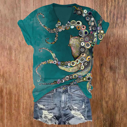 Dashingsoul Colorful Octopus Oil Painting Print V-neck T-shirt