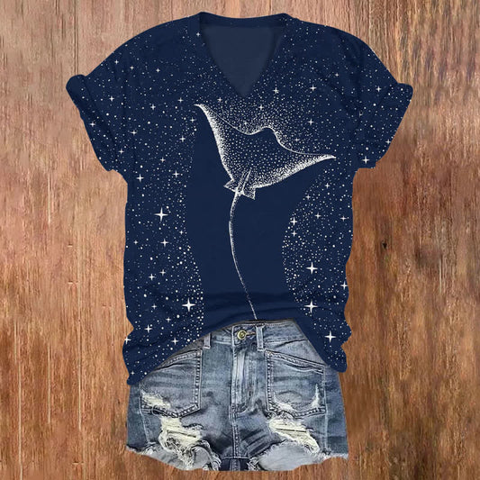 Dashingsoul Starry Spotted Eagle Rays Print V-neck T-shirt