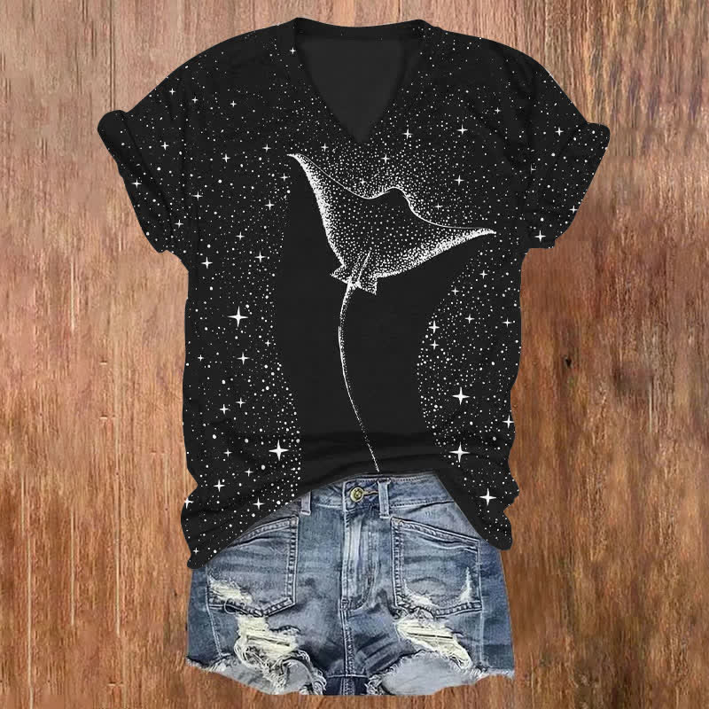 Dashingsoul Starry Spotted Eagle Rays Print V-neck T-shirt