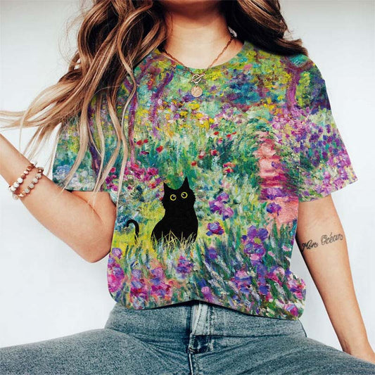 Dashingsoul Monet Irises Garden Cat Oil Painting Art Print Short-sleeved T-shirt