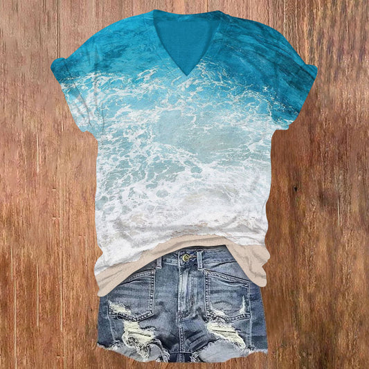 Dashingsoul Women's Wave Ombre Art Print Casual V-neck T-shirt
