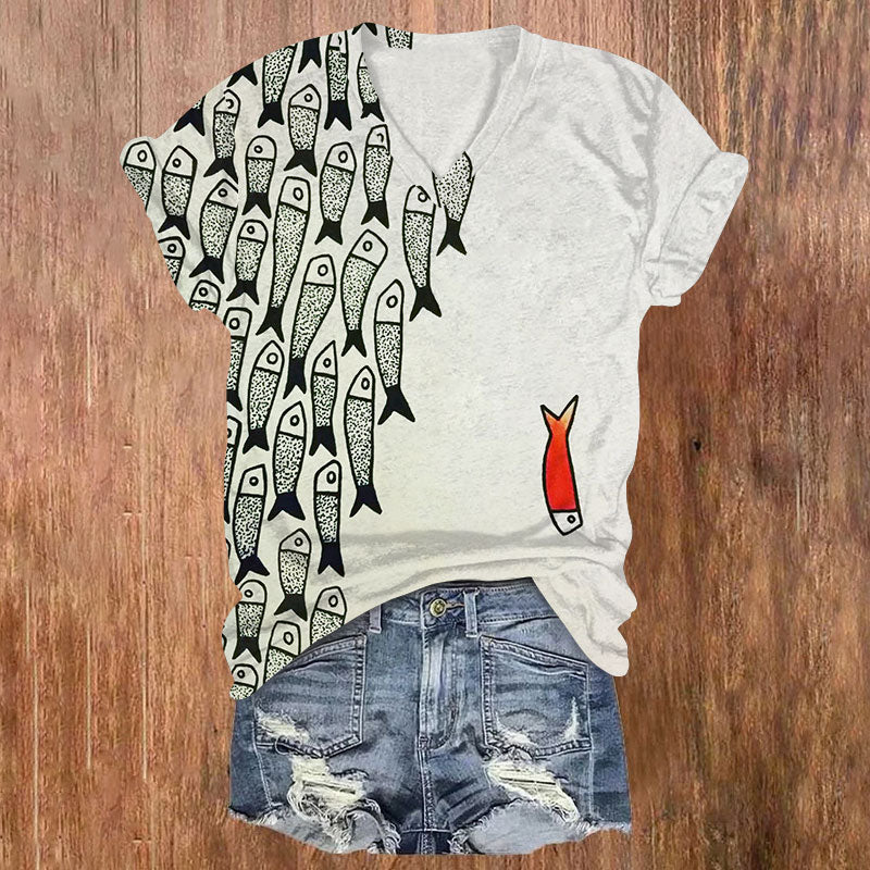 Dashingsoul Cute Simple Lines Abstract Geometric Fish Art Print V-neck T-shirt