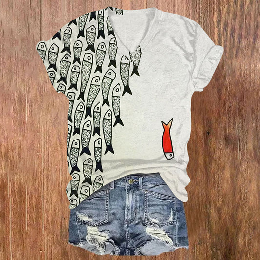 Dashingsoul Cute Simple Lines Abstract Geometric Fish Art Print V-neck T-shirt