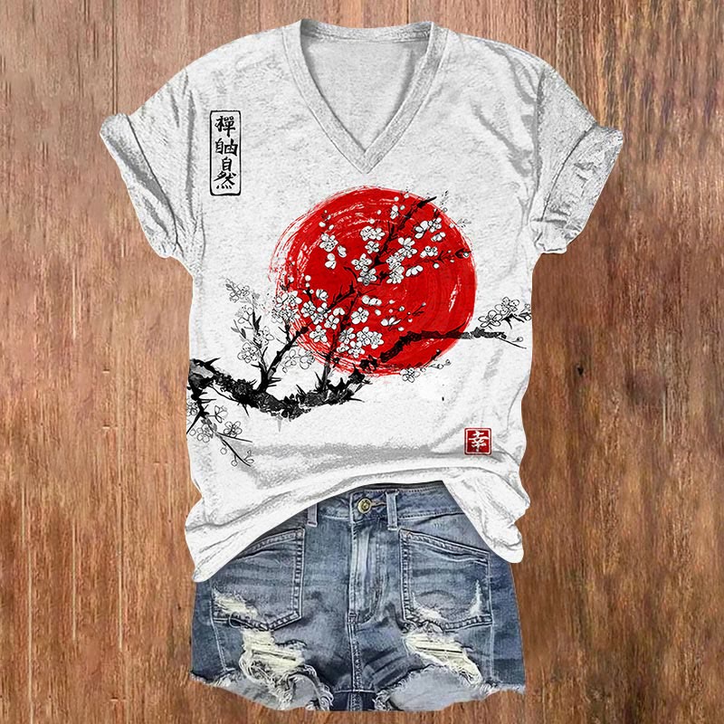 Dashingsoul Women's Sunrise Japanese Art Print Casual V-neck T-shirt