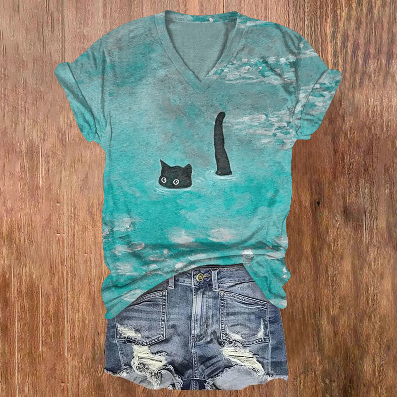 Dashingsoul Women's Oil Painting Cat Print V-neck T-shirt