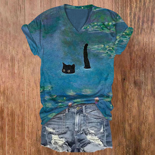 Dashingsoul Women's Oil Painting Cat Print V-neck T-shirt