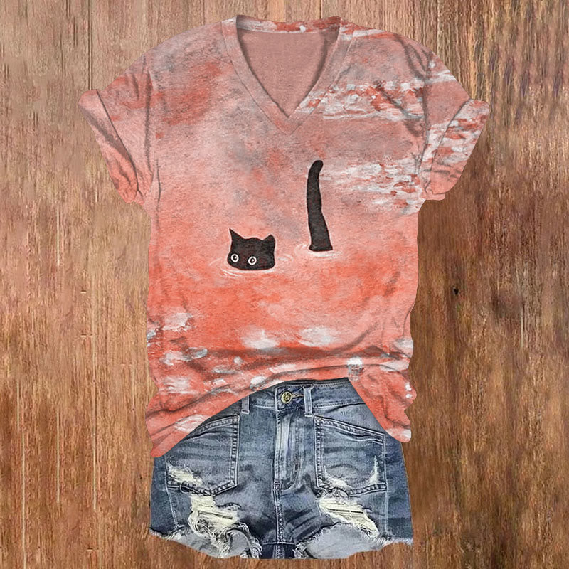 Dashingsoul Women's Oil Painting Cat Print V-neck T-shirt
