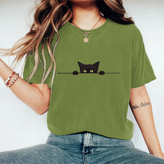 Dashingsoul Women's Casual Black Cat Print Short Sleeve T-shirt