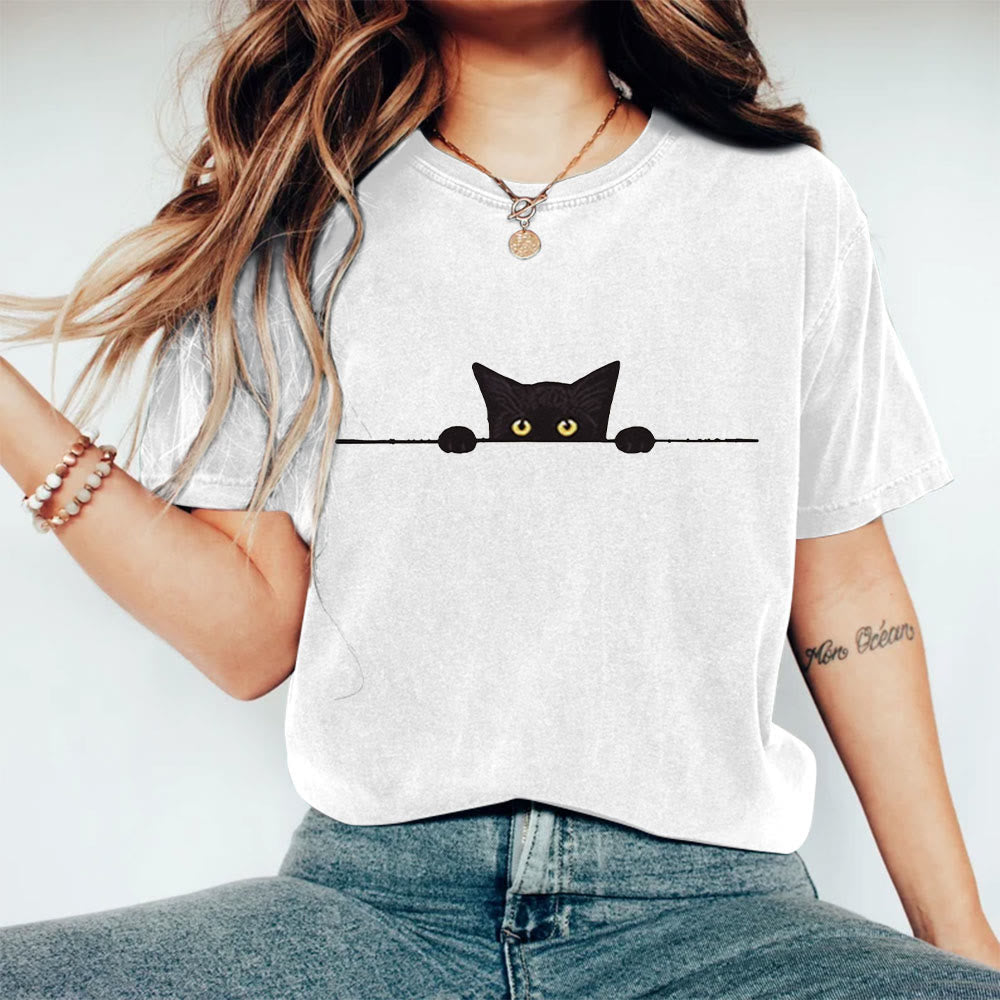 Dashingsoul Women's Casual Black Cat Print Short Sleeve T-shirt
