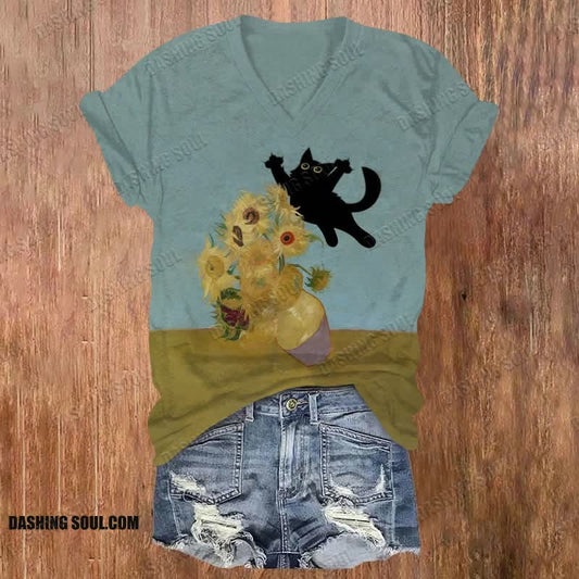 Funny Van Gogh Sunflower And Black Cat Print V-neck T-shirt