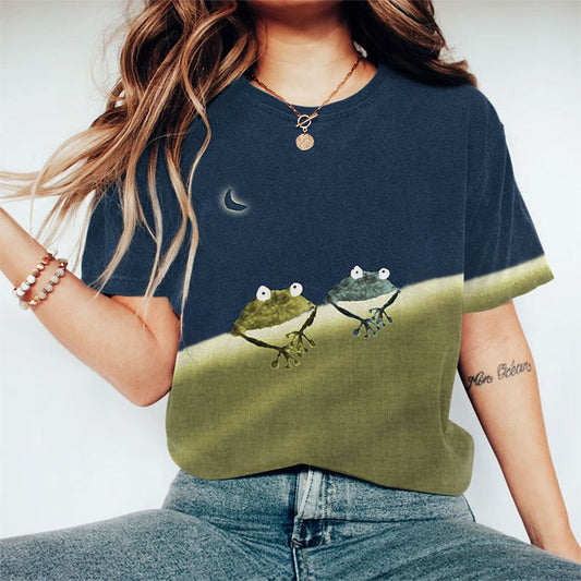 Dashingsoul Simple Frog Color Block Print Short Sleeve Crew Neck T-shirt