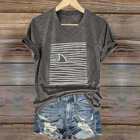 Dashingsoul Women's Shark Art Print V-neck T-shirt