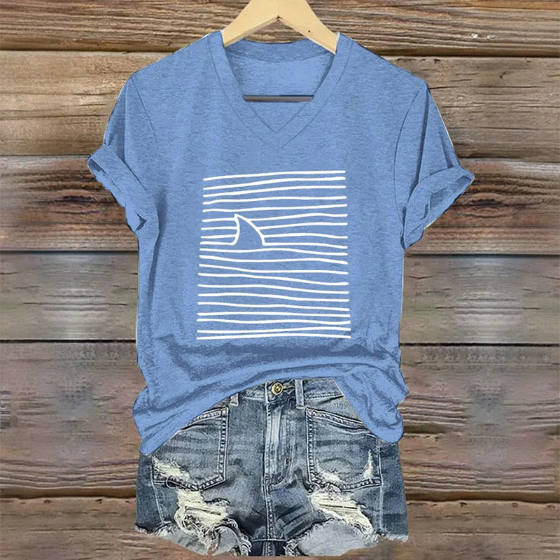 Dashingsoul Women's Shark Art Print V-neck T-shirt