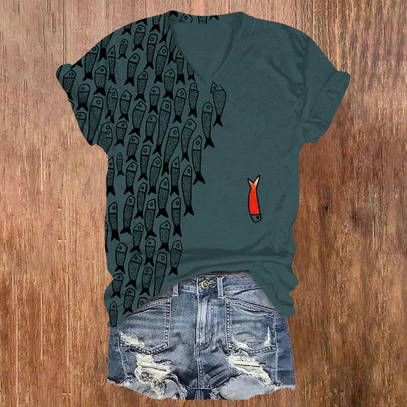 Dashingsoul Cute Simple Lines Abstract Geometric Fish Art Print V-neck T-shirt