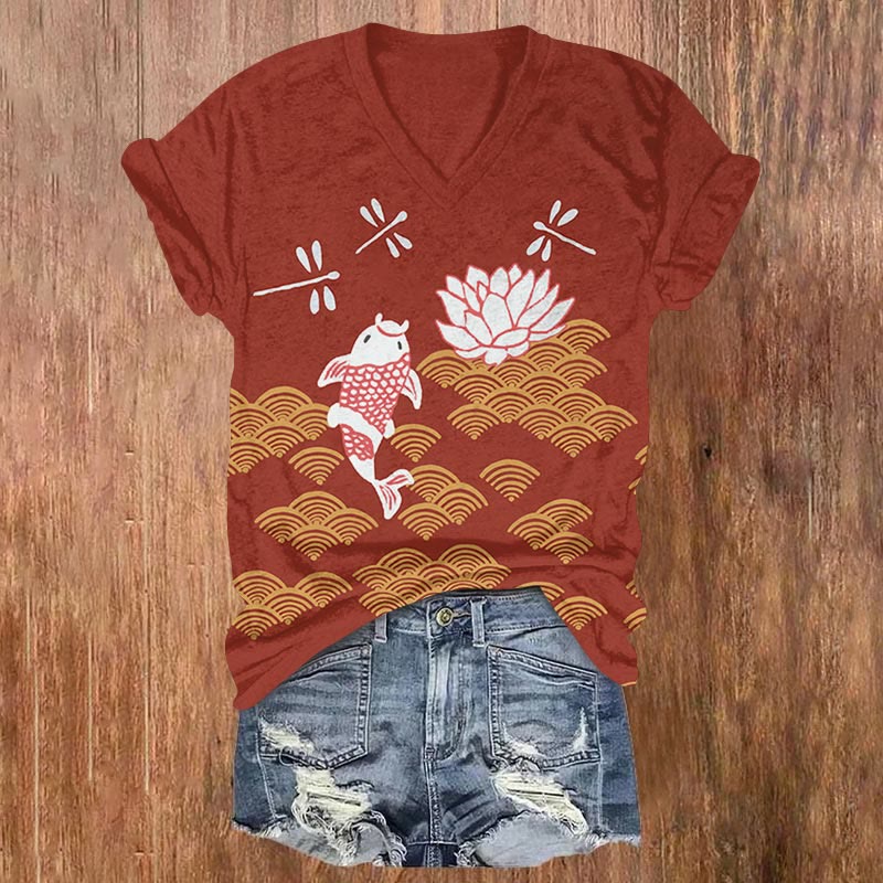 (Limited offer)Dashingsoul Japanese Style Koi Fish Dragonfly Wave Art Print V-neck T-shirt