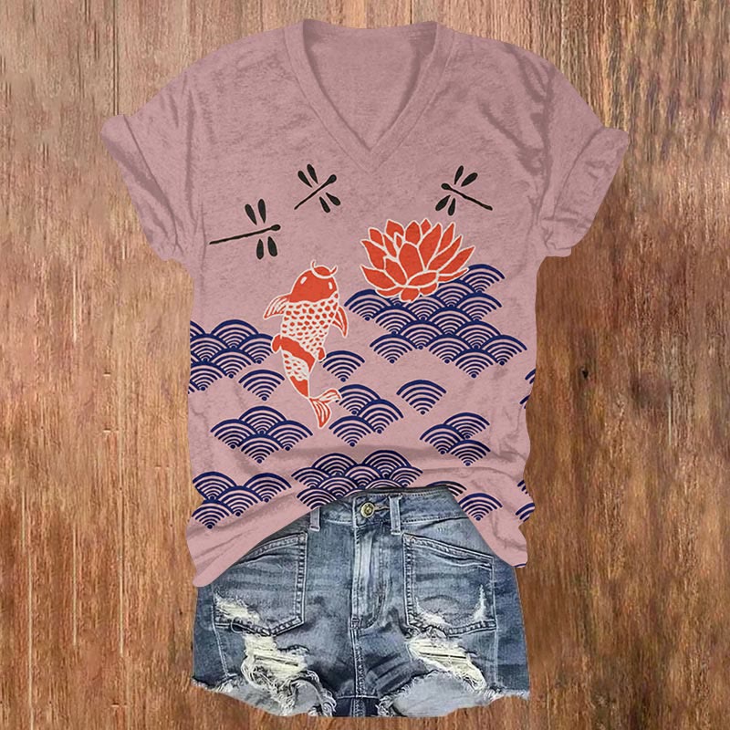(Limited offer)Dashingsoul Japanese Style Koi Fish Dragonfly Wave Art Print V-neck T-shirt