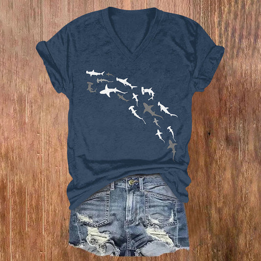 Dashingsoul Shark Print Casual V-neck Short-sleeved T-shirt