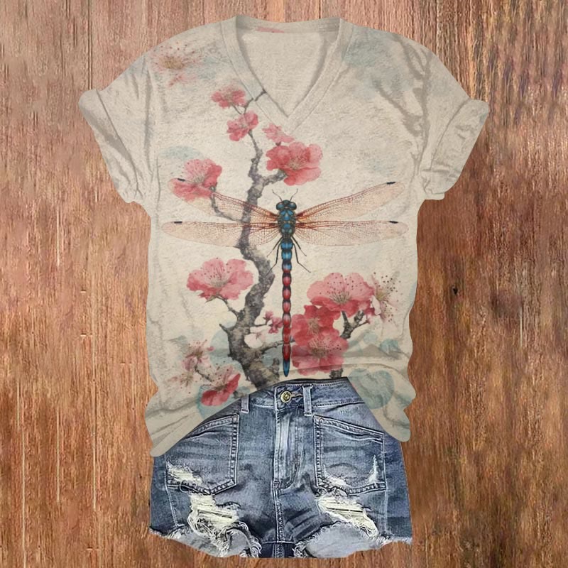 Dashingsoul Retro Plum Blossom Dragonfly Japanese Art Print V-neck Short-sleeved T-shirt