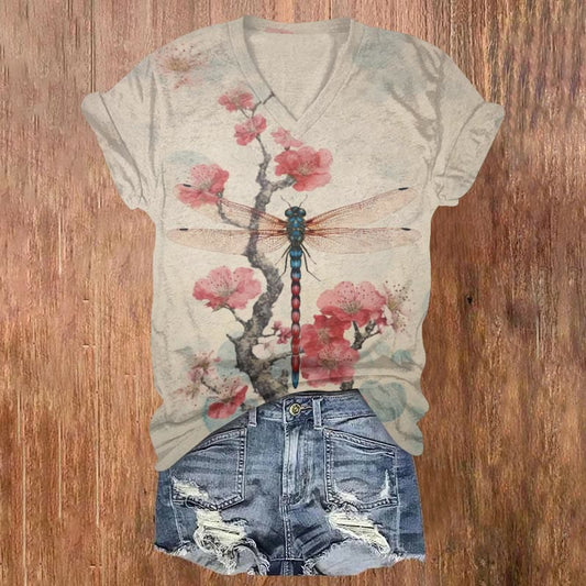 Dashingsoul Retro Plum Blossom Dragonfly Japanese Art Print V-neck Short-sleeved T-shirt