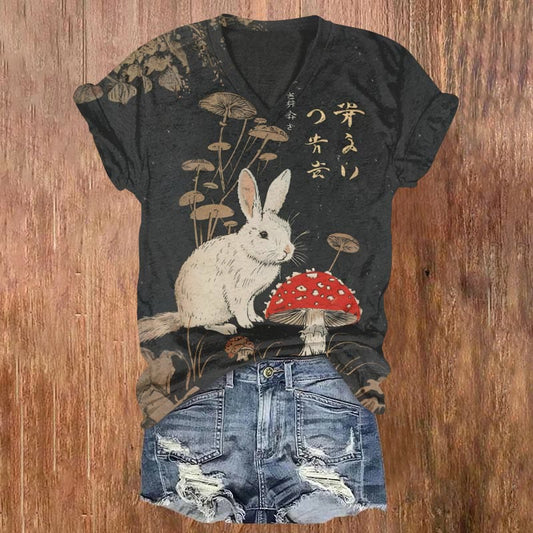 Dashingsoul Vintage Rabbit And Vibrant Mushroom Print V-neck Short-sleeved T-shirt