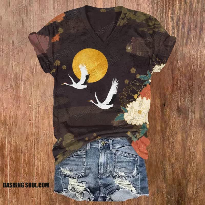 Vintage Japanese Peony Crane Print V-neck T-shirt