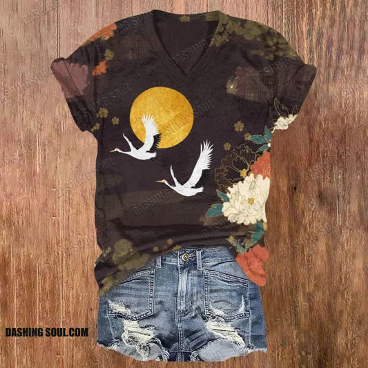 Vintage Japanese Peony Crane Print V-neck T-shirt