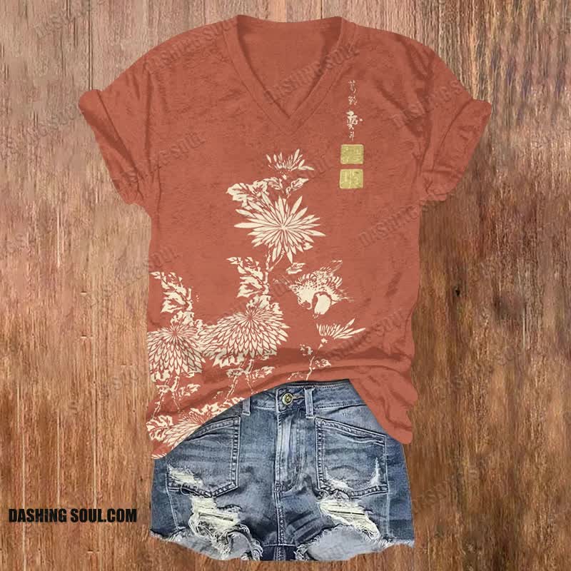 Vintage Chrysanthemum Print V-neck T-shirt