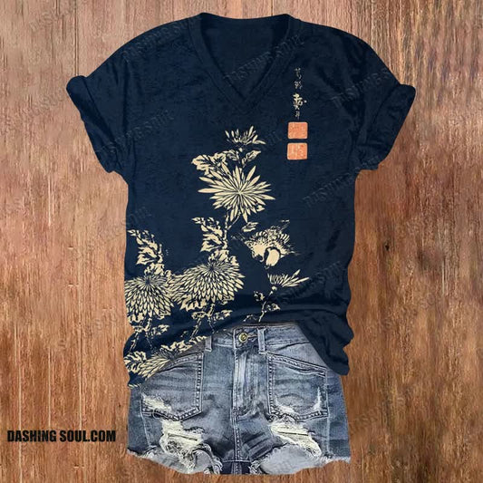 Vintage Chrysanthemum Print V-neck T-shirt
