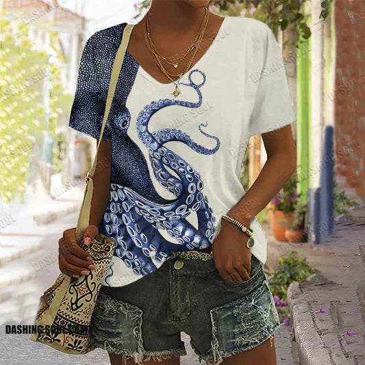 Japanese Art Octopus Graphic Print V-neck T-shirt