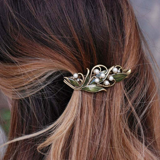 Women's Elegant Enamel Green Leaf Pearl Hollow Hairpin