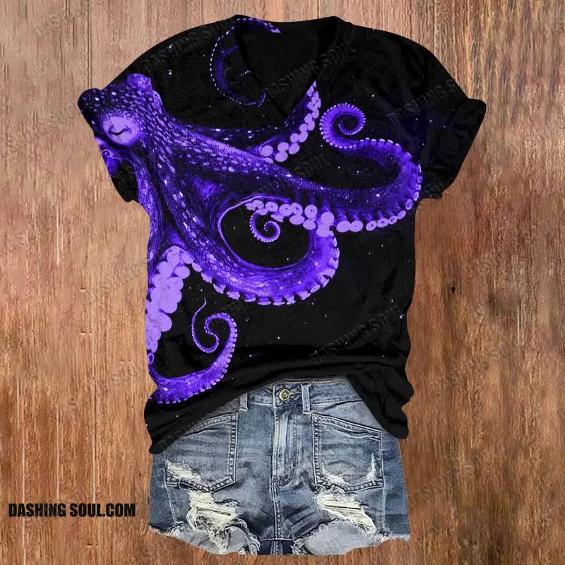 Three-dimensional Creative Octopus Print V-neck T-shirt