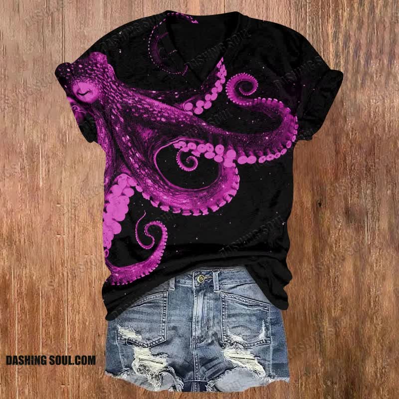 Three-dimensional Creative Octopus Print V-neck T-shirt