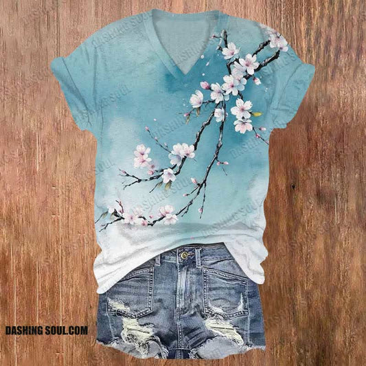 Japanese Ink Painting Flowers Print T-shirt