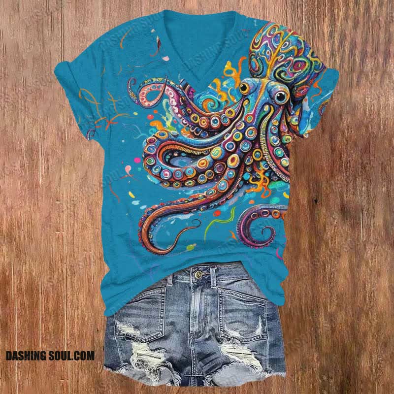 (🔥Limited offer)Vintage Rainbow Octopus Art Print V-neck T-shirt