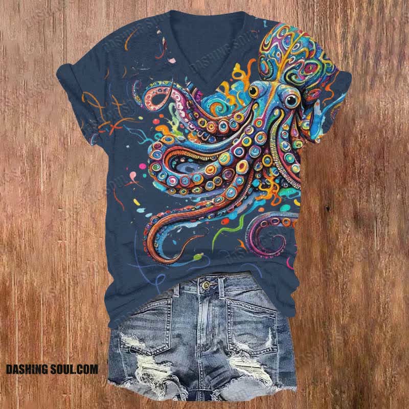 (🔥Limited offer)Vintage Rainbow Octopus Art Print V-neck T-shirt